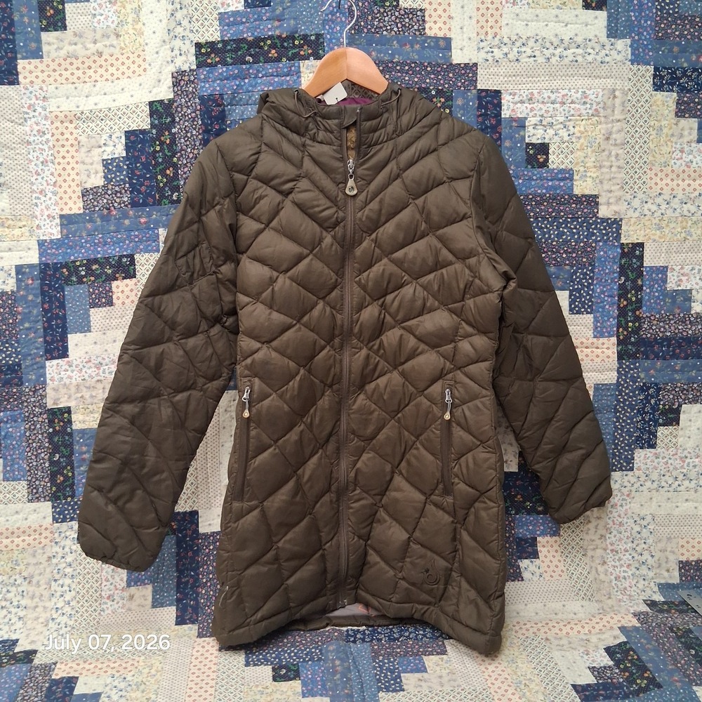 Isis Lightweight Goose Down Jacket Size 6 Brown Mid Length Hooded